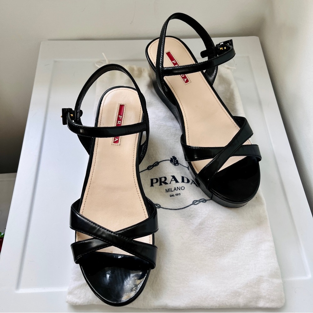 PRADA Linea Rossa Black Patent Platform Strap Slingback Sandals